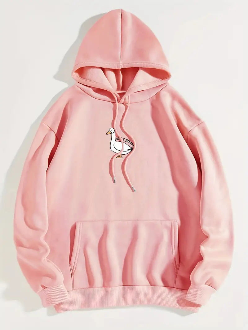 Kvinnohoodie med kreativ gåsmotiv och mjukt fleeceinuti Mirla-Eva Jonsson