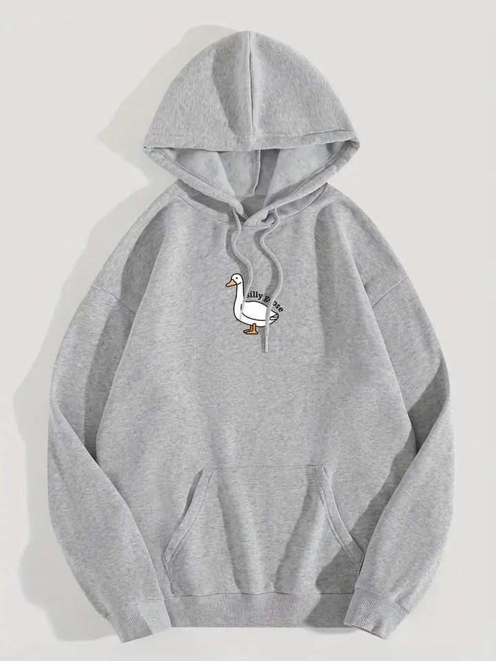 Kvinnohoodie med kreativ gåsmotiv och mjukt fleeceinuti Mirla-Eva Jonsson