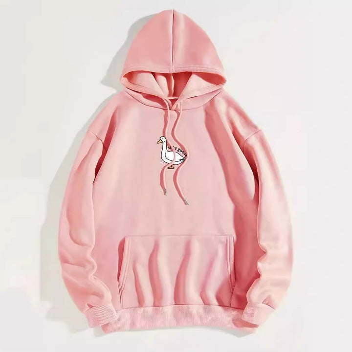 Kvinnohoodie med kreativ gåsmotiv och mjukt fleeceinuti Mirla-Eva Jonsson