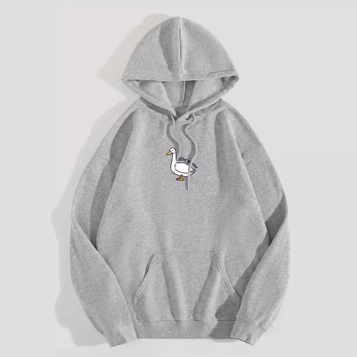 Kvinnohoodie med kreativ gåsmotiv och mjukt fleeceinuti Mirla-Eva Jonsson