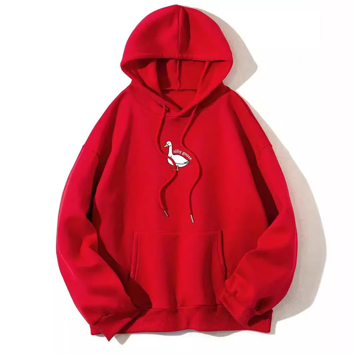 Kvinnohoodie med kreativ gåsmotiv och mjukt fleeceinuti Mirla-Eva Jonsson