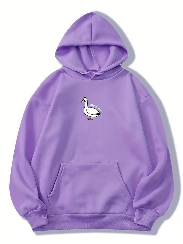 Kvinnohoodie med kreativ gåsmotiv och mjukt fleeceinuti Mirla-Eva Jonsson