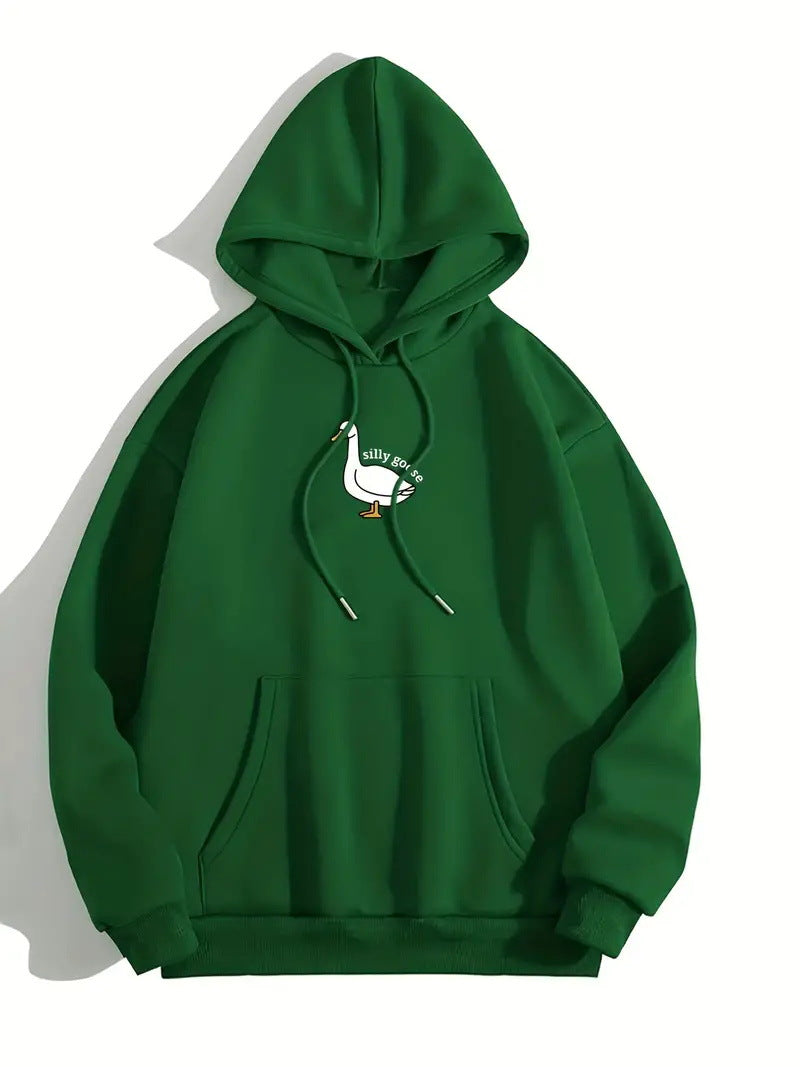 Kvinnohoodie med kreativ gåsmotiv och mjukt fleeceinuti Mirla-Eva Jonsson