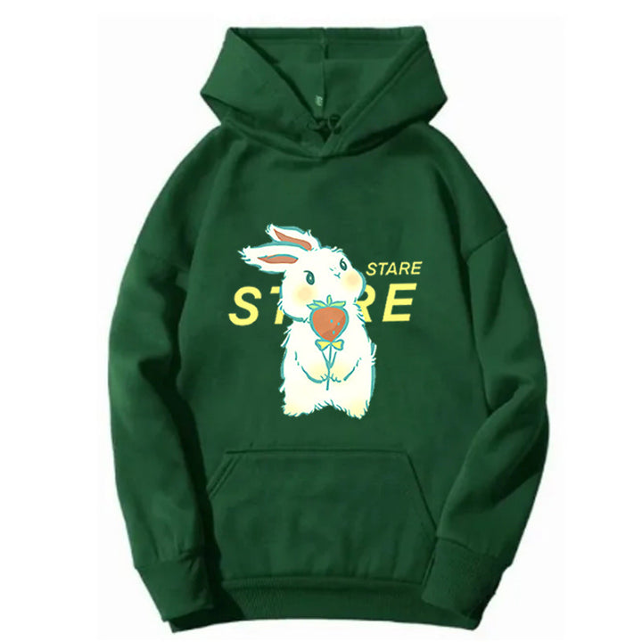 Kvinnohoodie med lekfullt kaninmotiv och inspirerande slogan Mirla-Eva Jonsson