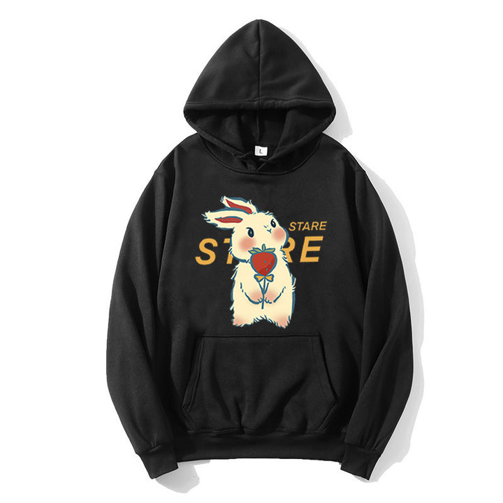 Kvinnohoodie med lekfullt kaninmotiv och inspirerande slogan Mirla-Eva Jonsson