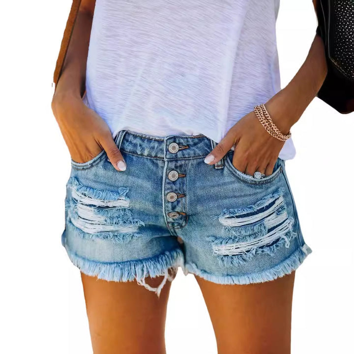 Kvinnojeansshorts med fransad nederkant och avslappnad förstörd look Mirla-Eva Jonsson