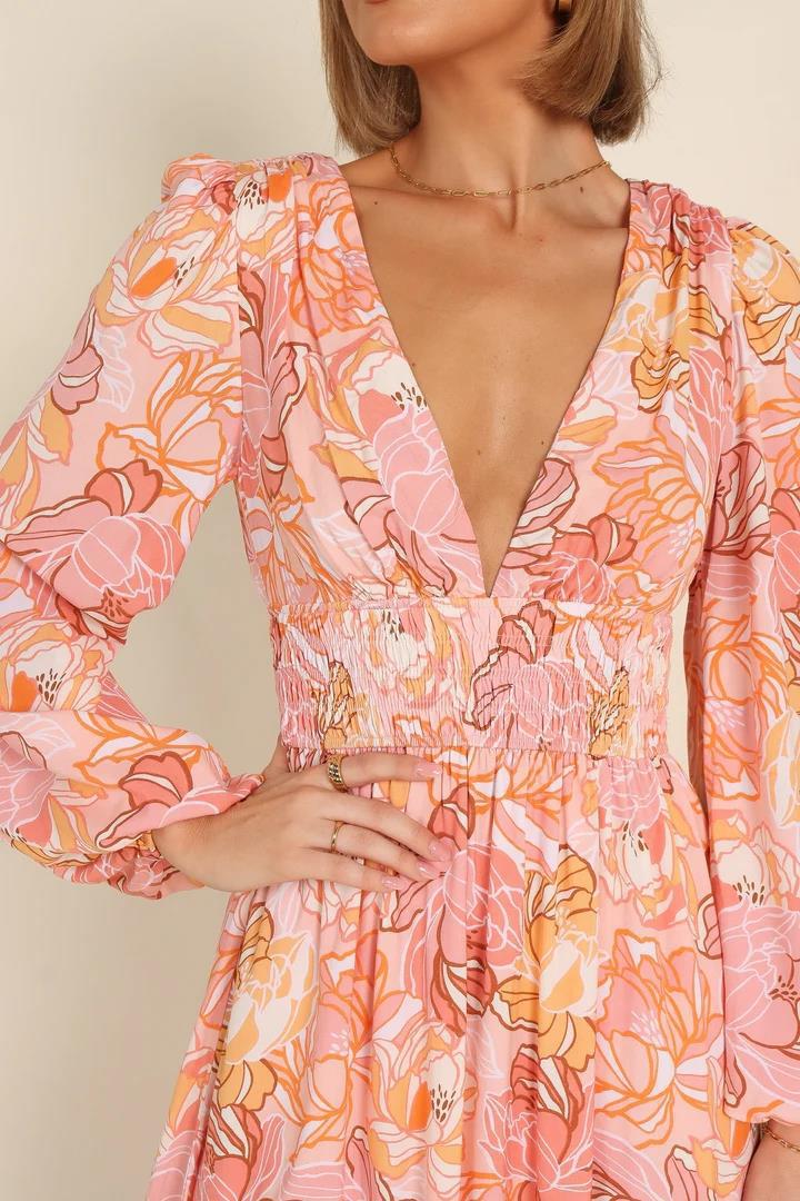 Kvinnor Blommönster Sommardress med djup V-hals och puffärmar Mirla-Eva Jonsson