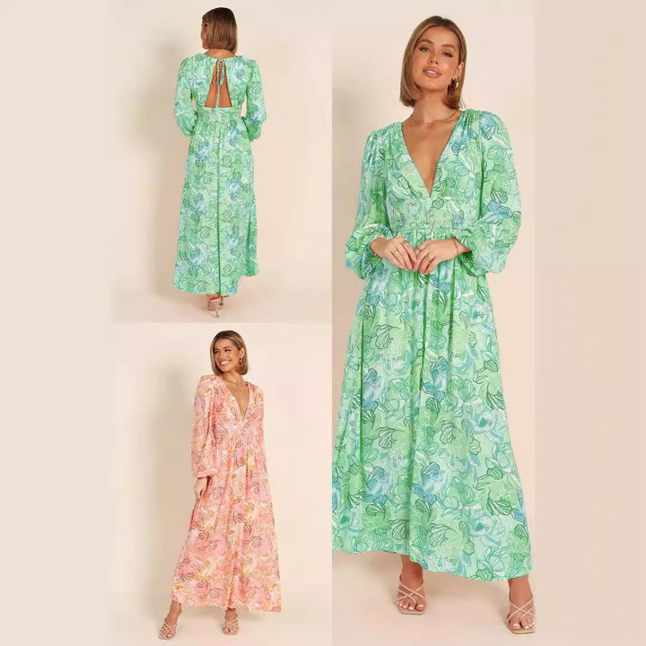 Kvinnor Blommönster Sommardress med djup V-hals och puffärmar Mirla-Eva Jonsson