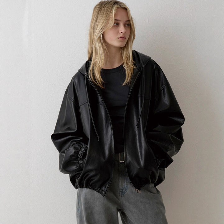Kvinnor Casual Faux Läderjacka med Huva Mirla-Eva Jonsson