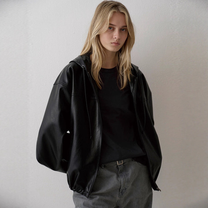 Kvinnor Casual Faux Läderjacka med Huva Mirla-Eva Jonsson
