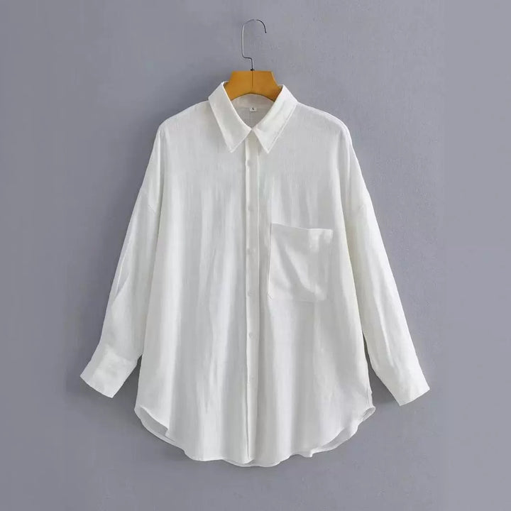 Kvinnor Casual Oversized Skjorta Blus med Bröstficka och Subtil Struktur Mirla-Eva Jonsson