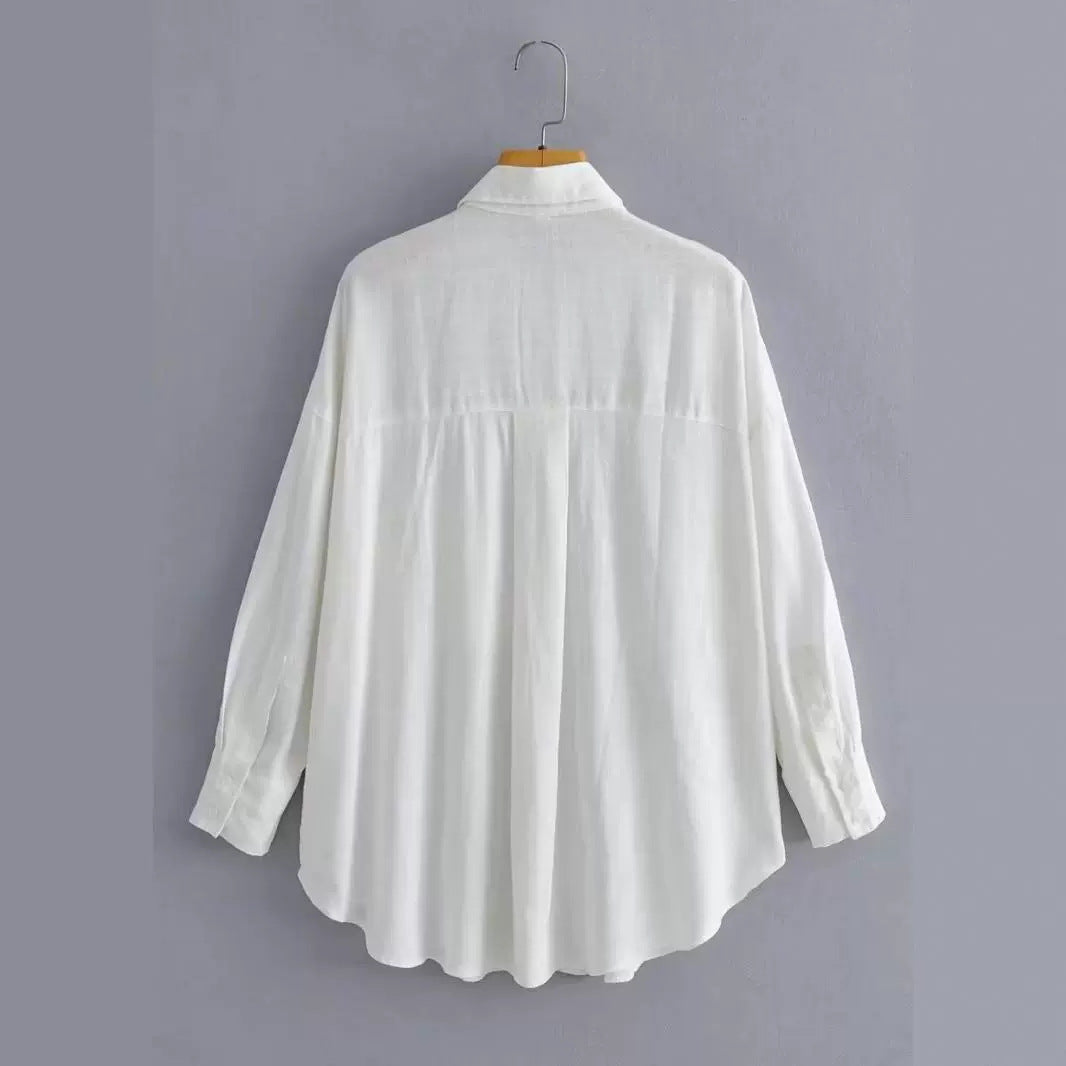 Kvinnor Casual Oversized Skjorta Blus med Bröstficka och Subtil Struktur Mirla-Eva Jonsson