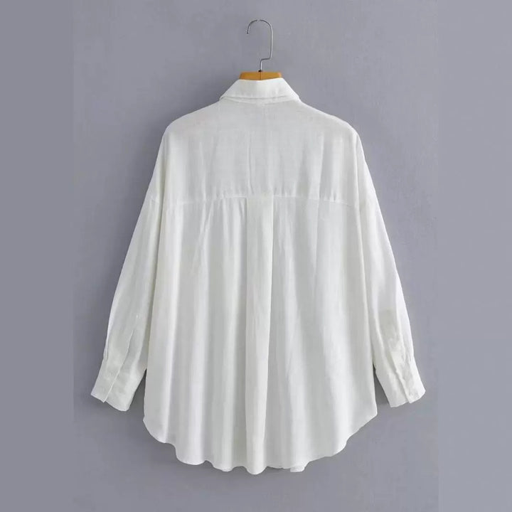 Kvinnor Casual Oversized Skjorta Blus med Bröstficka och Subtil Struktur Mirla-Eva Jonsson