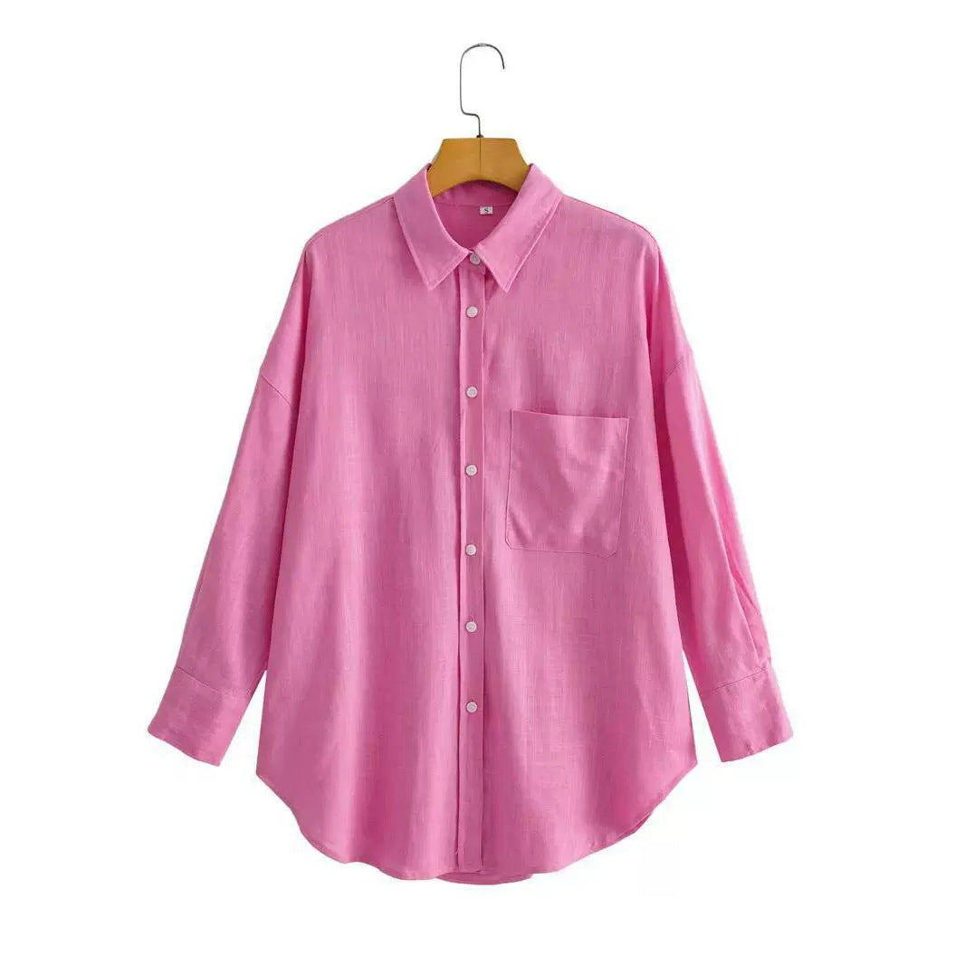 Kvinnor Casual Oversized Skjorta Blus med Bröstficka och Subtil Struktur Mirla-Eva Jonsson