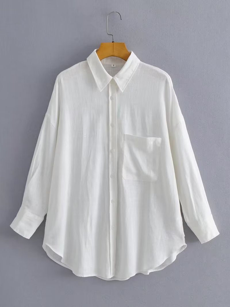 Kvinnor Casual Oversized Skjorta Blus med Bröstficka och Subtil Struktur Mirla-Eva Jonsson