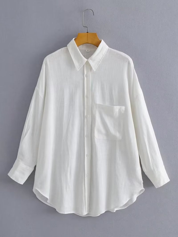 Kvinnor Casual Oversized Skjorta Blus med Bröstficka och Subtil Struktur Mirla-Eva Jonsson