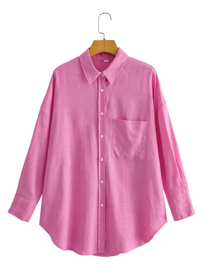 Kvinnor Casual Oversized Skjorta Blus med Bröstficka och Subtil Struktur Mirla-Eva Jonsson