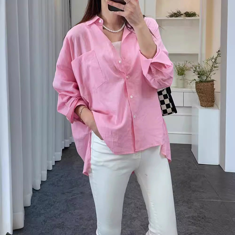 Kvinnor Casual Oversized Skjorta Blus med Bröstficka och Subtil Struktur Mirla-Eva Jonsson