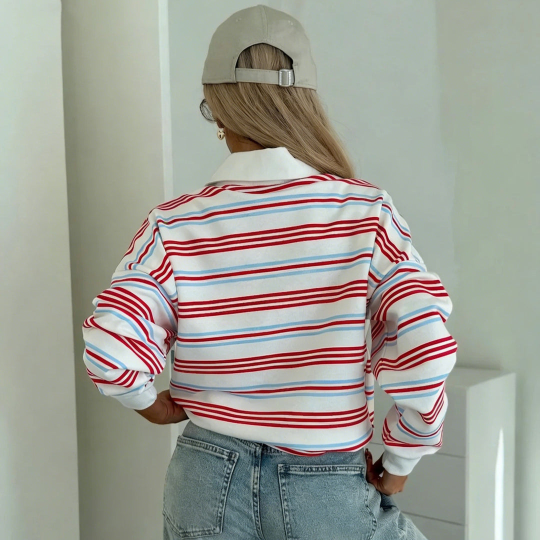 Kvinnor Casual Polo Tröja med Randigt Mönster och Löst Passform Mirla-Eva Jonsson