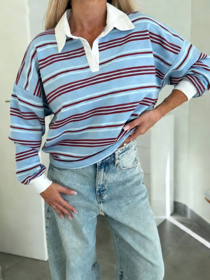 Kvinnor Casual Polo Tröja med Randigt Mönster och Löst Passform Mirla-Eva Jonsson
