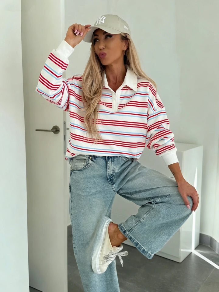 Kvinnor Casual Polo Tröja med Randigt Mönster och Löst Passform Mirla-Eva Jonsson
