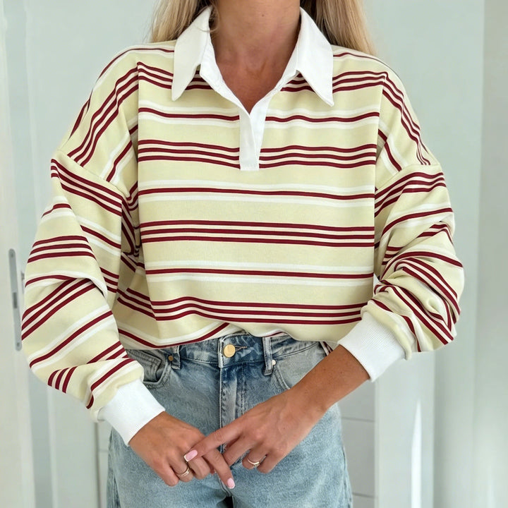Kvinnor Casual Polo Tröja med Randigt Mönster och Löst Passform Mirla-Eva Jonsson