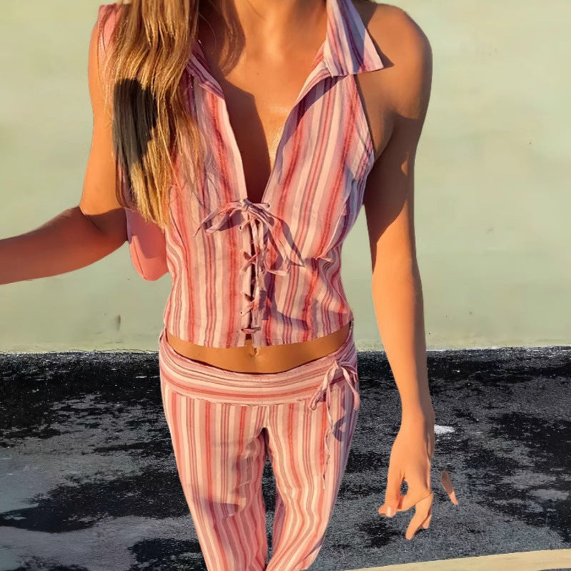 Kvinnor Casual Tvådelad Set med Långa Byxor och Justerbar Topp Mirla-Eva Jonsson