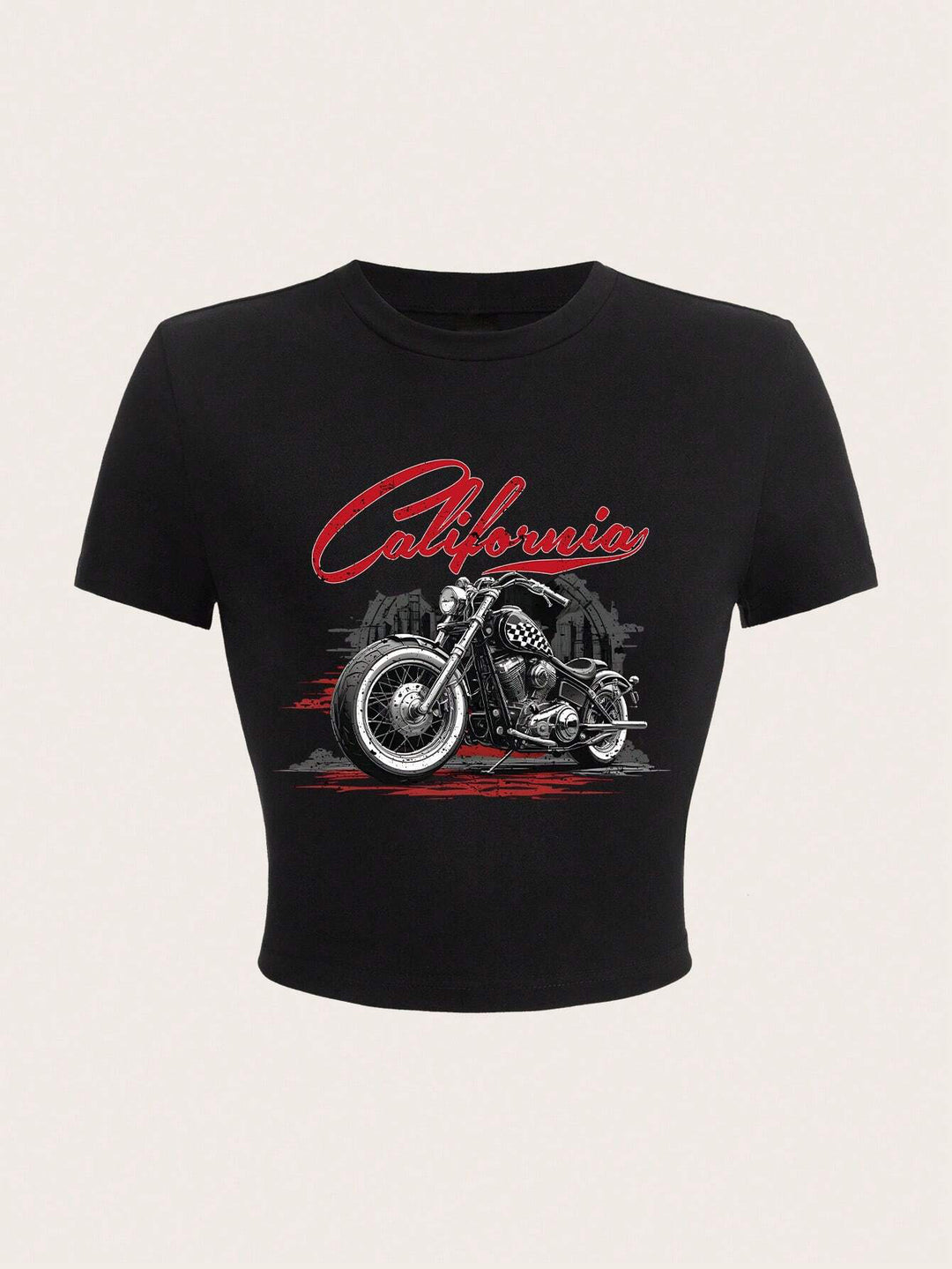 Kvinnor Crop-T-shirt med kreativ motorcykeldesign och urban California-tryck Mirla-Eva Jonsson