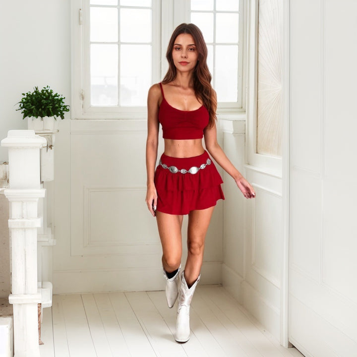 Kvinnor Crop Top och Mini Kjol Set med Rynkning och Elastisk Midja Mirla-Eva Jonsson