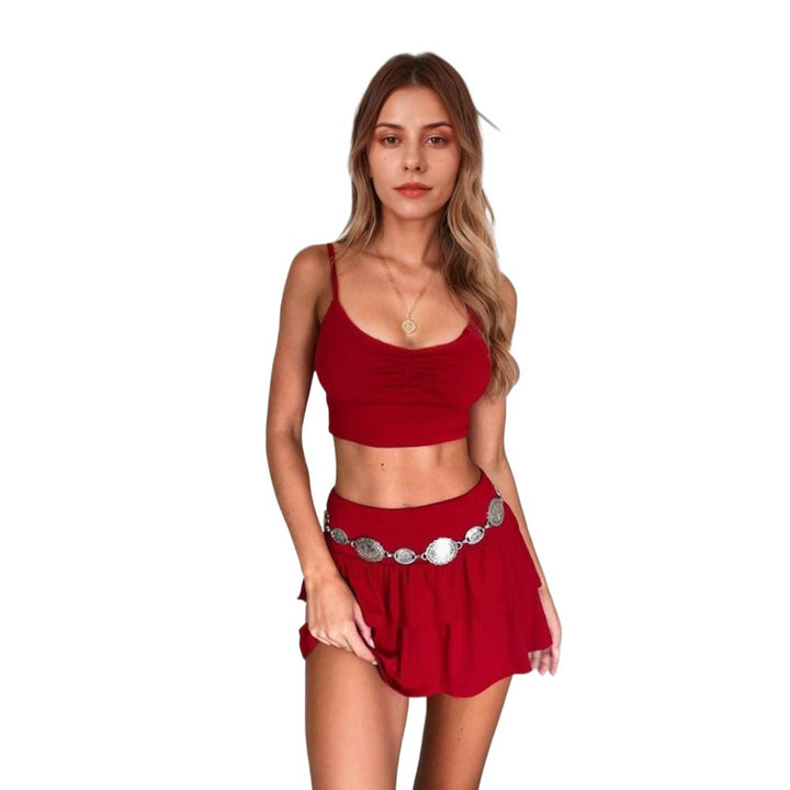 Kvinnor Crop Top och Mini Kjol Set med Rynkning och Elastisk Midja Mirla-Eva Jonsson