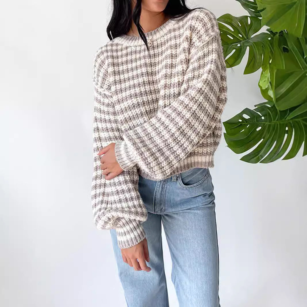 Kvinnor Cropped Stickad Tröja med vida utsvängda Ärmar och Randmönster Eva Jonsson-Eva Jonsson