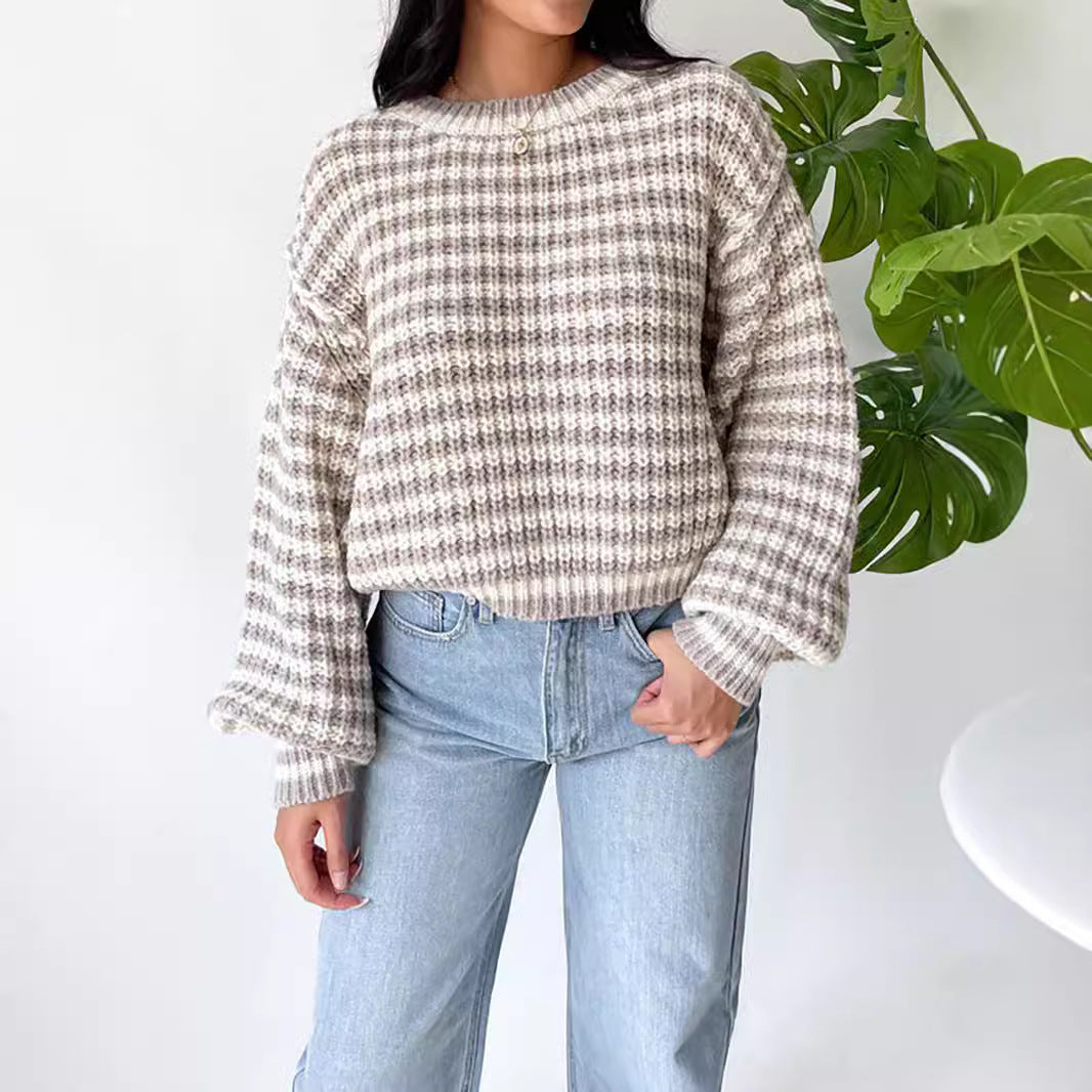 Kvinnor Cropped Stickad Tröja med vida utsvängda Ärmar och Randmönster Eva Jonsson-Eva Jonsson