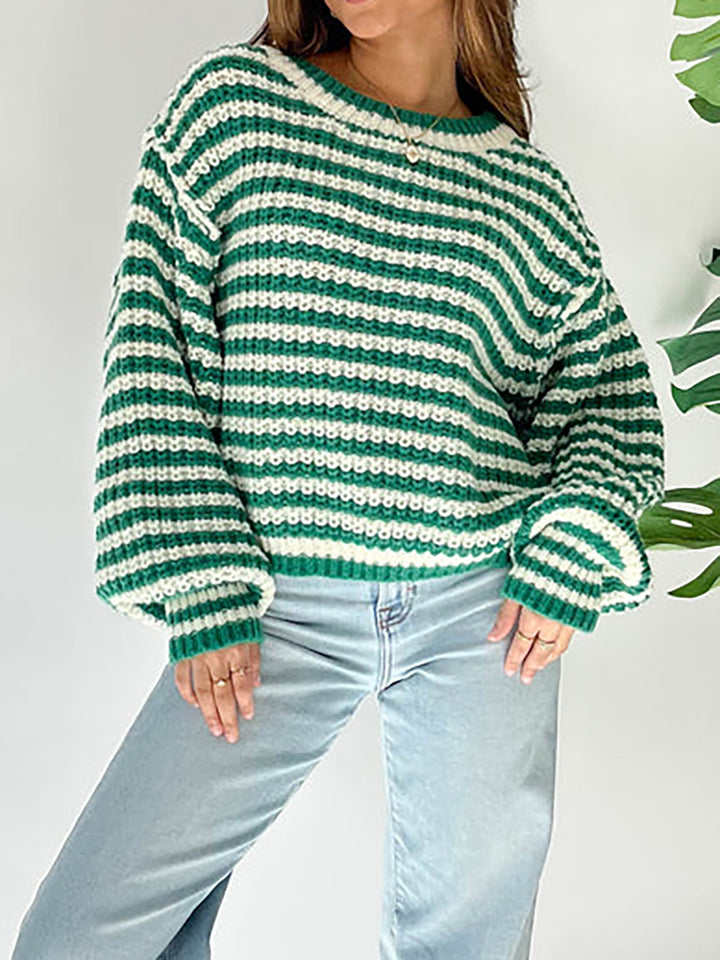 Kvinnor Cropped Stickad Tröja med vida utsvängda Ärmar och Randmönster Eva Jonsson-Eva Jonsson