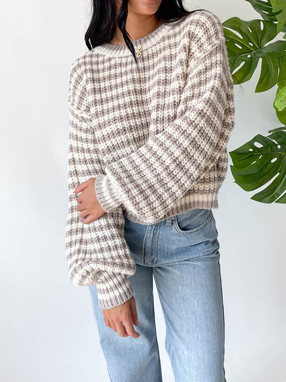 Kvinnor Cropped Stickad Tröja med vida utsvängda Ärmar och Randmönster Eva Jonsson-Eva Jonsson