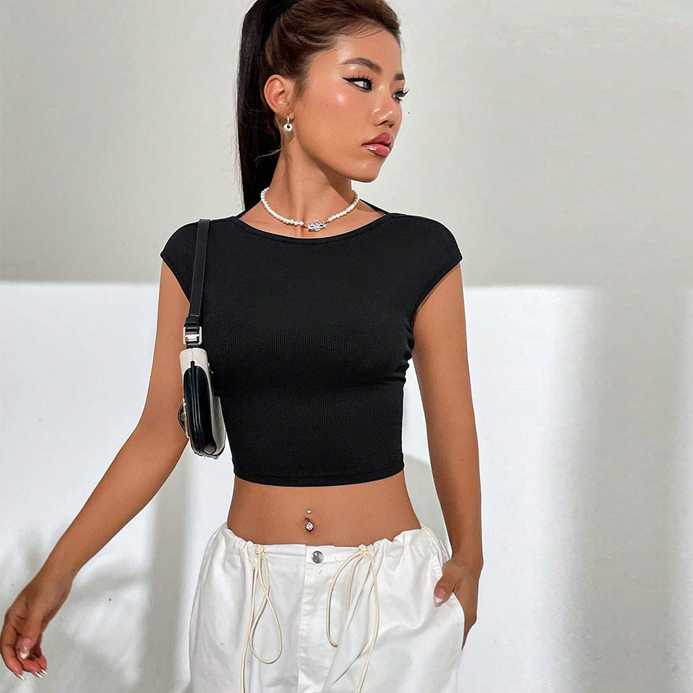 Kvinnor Cropped T-Shirt med harmonisk ribbdesign och trendig rund hals Mirla-Eva Jonsson