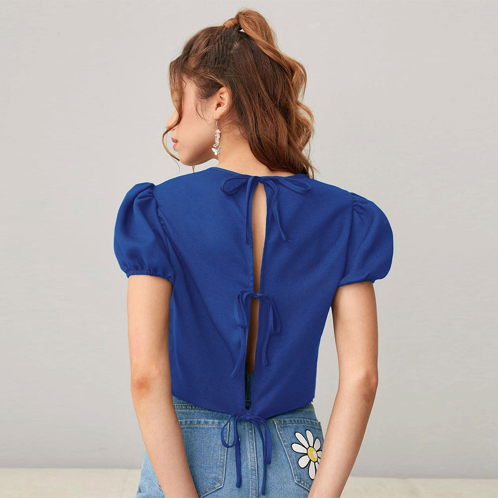 Kvinnor Cropped Top med Puffärmar och Mjuk Rund Hals Mirla-Eva Jonsson