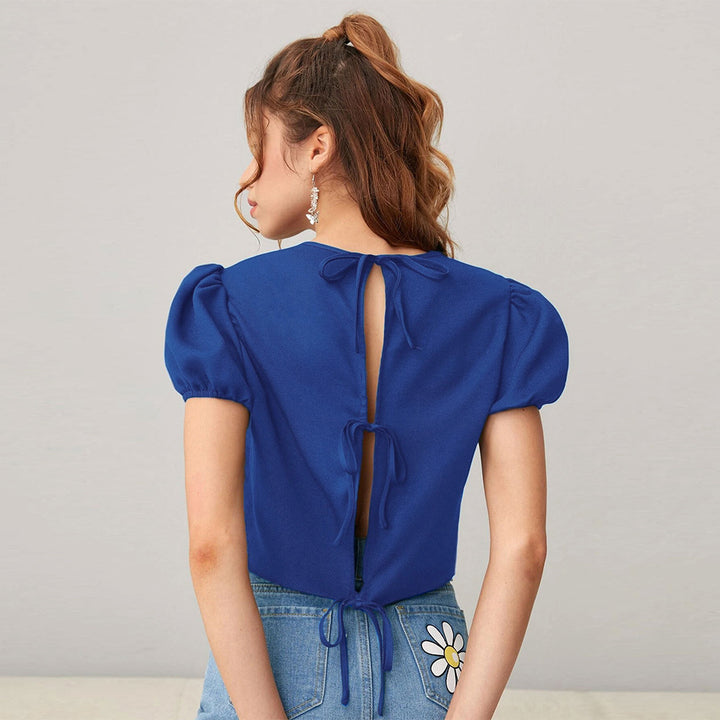 Kvinnor Cropped Top med Puffärmar och Mjuk Rund Hals Mirla-Eva Jonsson