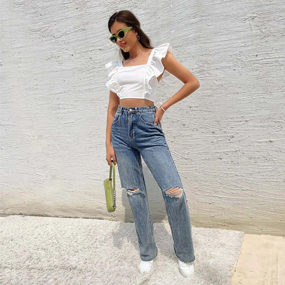 Kvinnor Cropped Top med Volangdetaljer och Fyrkantig Hals Mirla-Eva Jonsson
