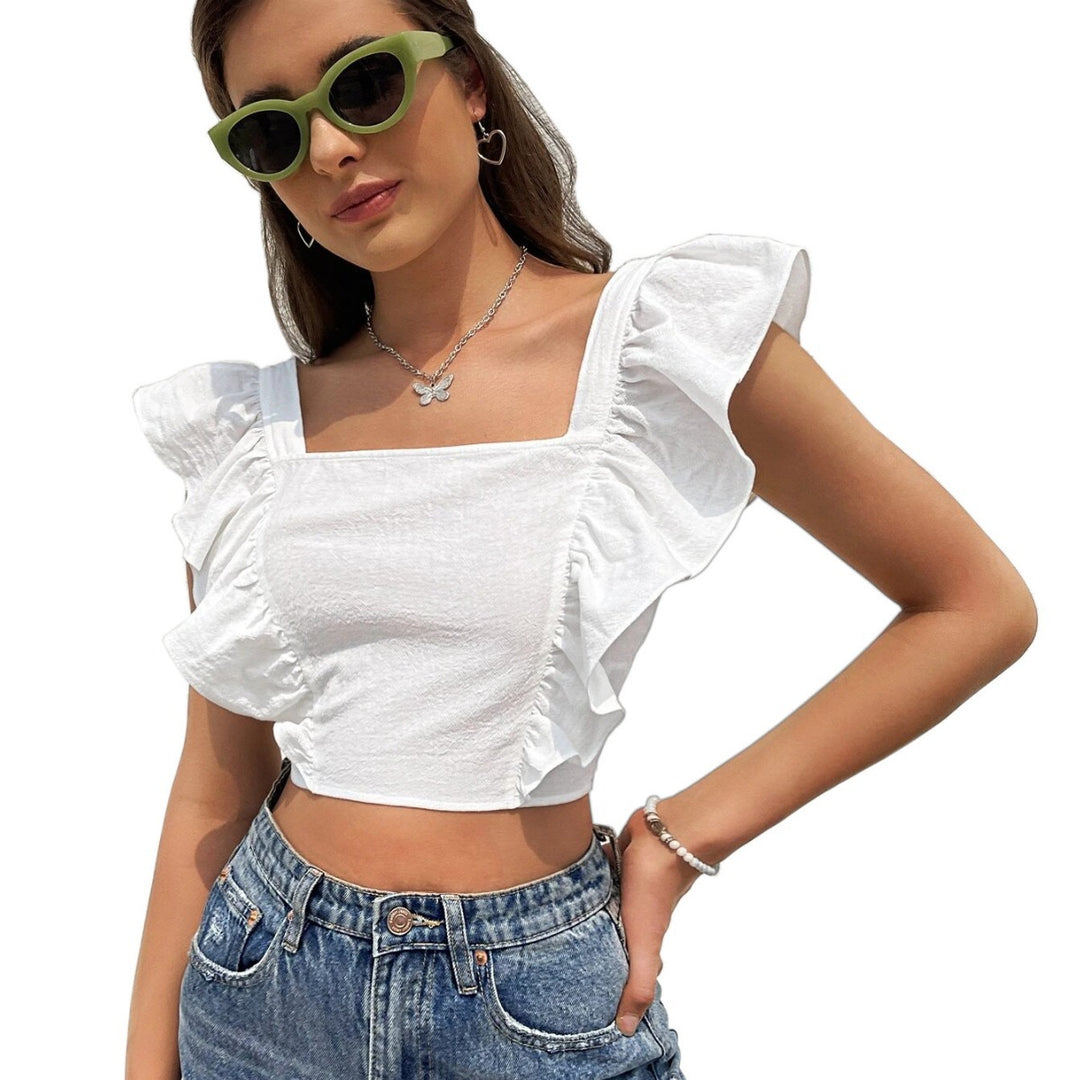 Kvinnor Cropped Top med Volangdetaljer och Fyrkantig Hals Mirla-Eva Jonsson