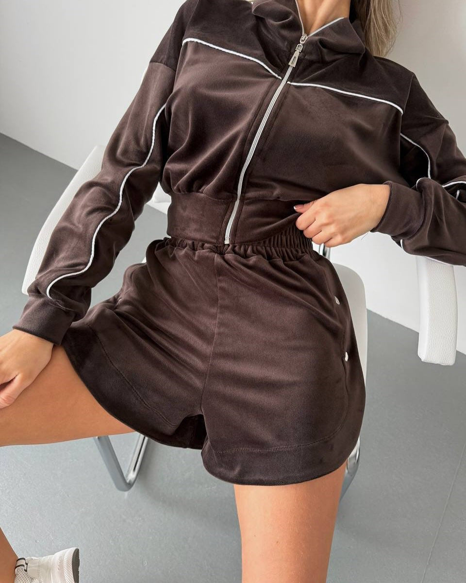 Kvinnor Cropped Velour Set med Dragkedja och Elastisk Midja Mirla-Eva Jonsson