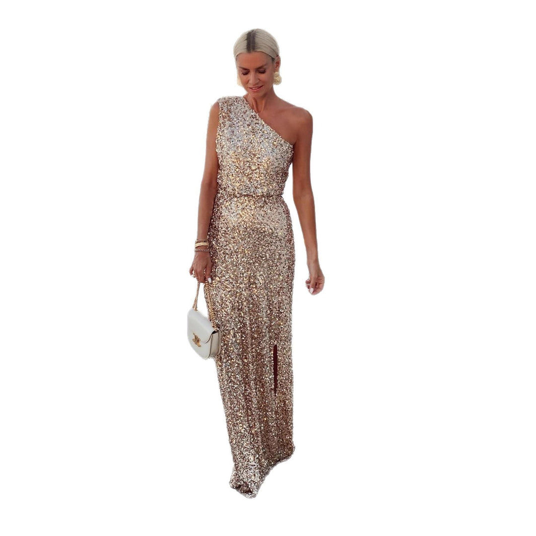 Kvinnor Elegant Aftonklänning med Glittrande Paljettmaterial och Sidoklyfta Mirla-Eva Jonsson