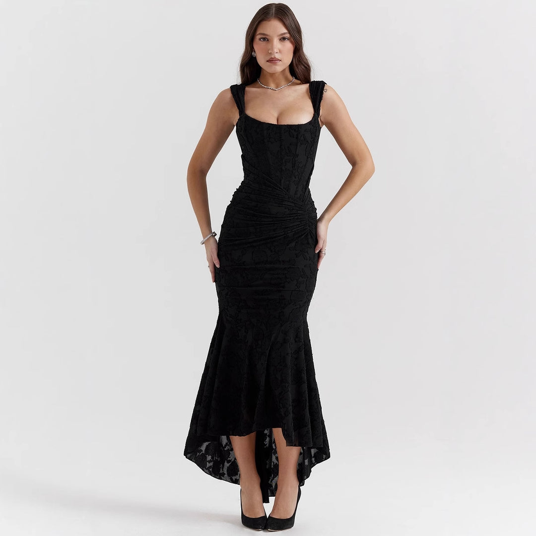 Kvinnor Elegant Bateau Maxi Klänning med Blommig Textur och Asymmetrisk Söm Mirla-Eva Jonsson