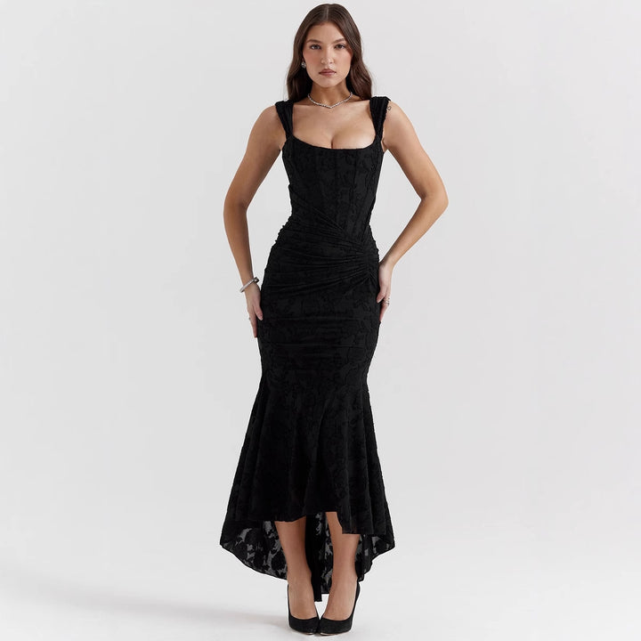 Kvinnor Elegant Bateau Maxi Klänning med Blommig Textur och Asymmetrisk Söm Mirla-Eva Jonsson