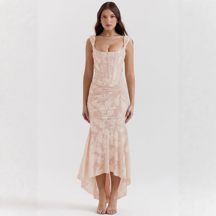 Kvinnor Elegant Bateau Maxi Klänning med Blommig Textur och Asymmetrisk Söm Mirla-Eva Jonsson