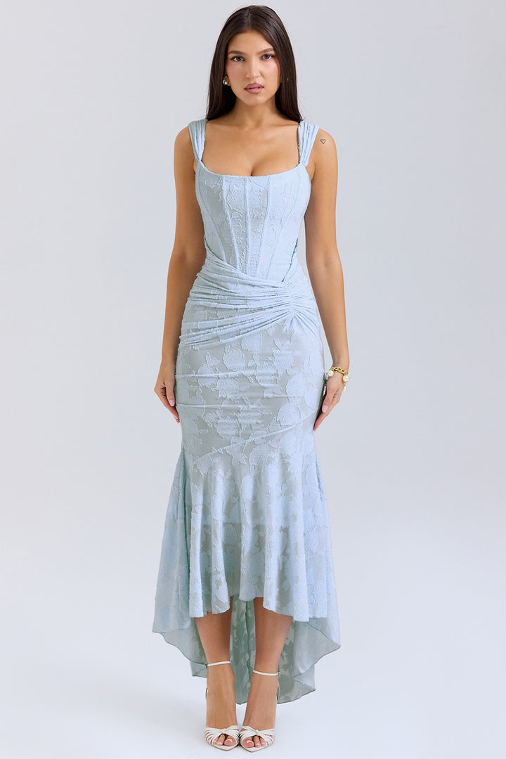 Kvinnor Elegant Bateau Maxi Klänning med Blommig Textur och Asymmetrisk Söm Mirla-Eva Jonsson