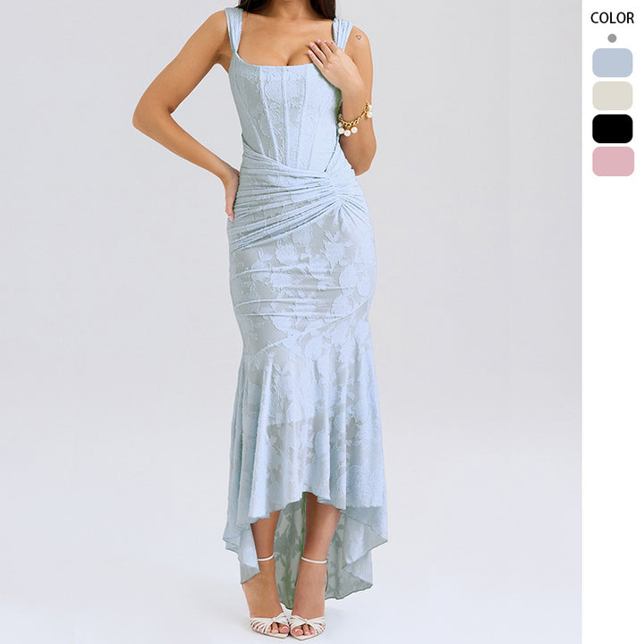 Kvinnor Elegant Bateau Maxi Klänning med Blommig Textur och Asymmetrisk Söm Mirla-Eva Jonsson