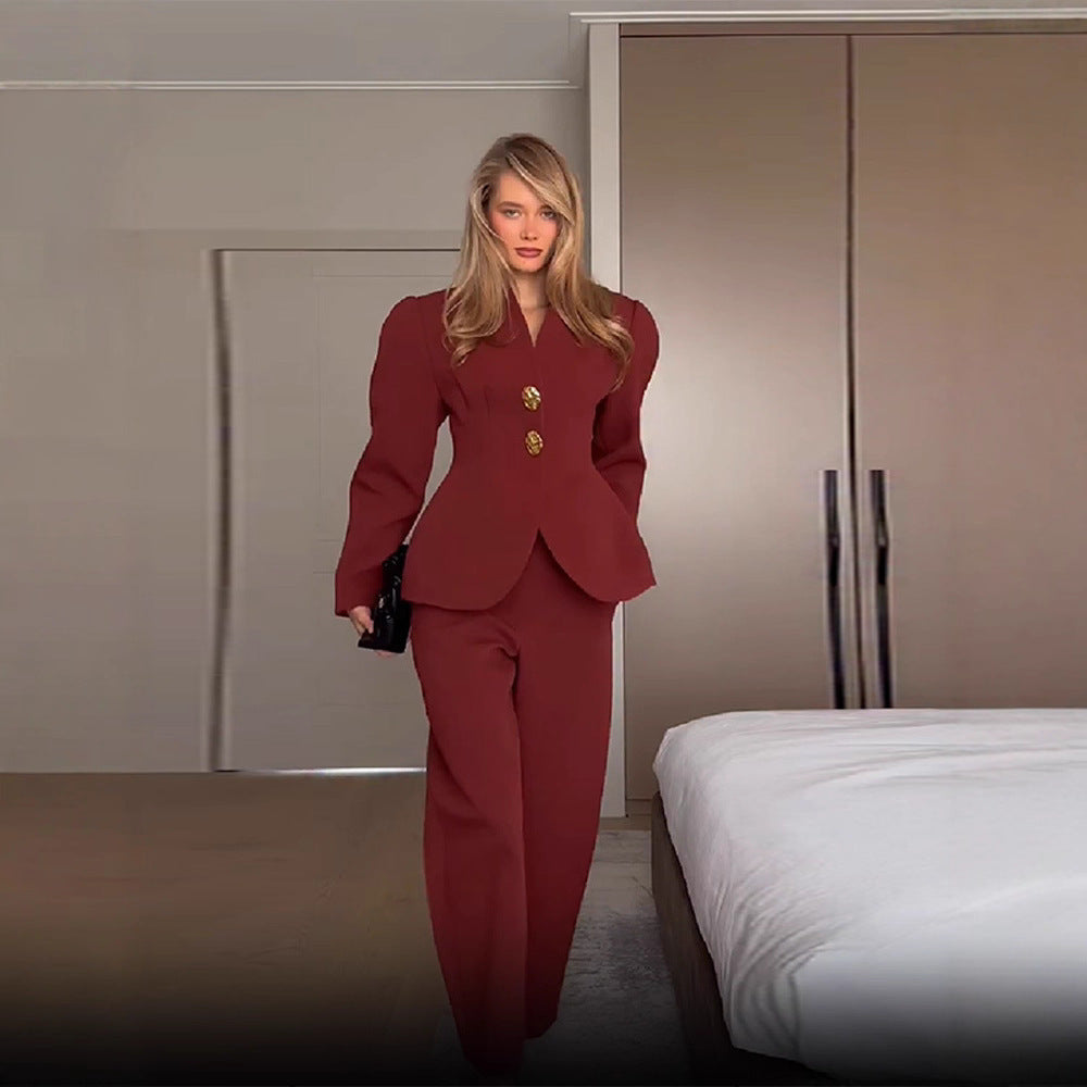 Kvinnor Elegant Blazer och Byxor Set med Guldknappar Mirla-Eva Jonsson