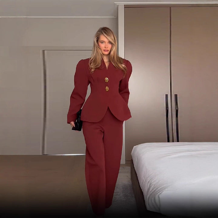 Kvinnor Elegant Blazer och Byxor Set med Guldknappar Mirla-Eva Jonsson