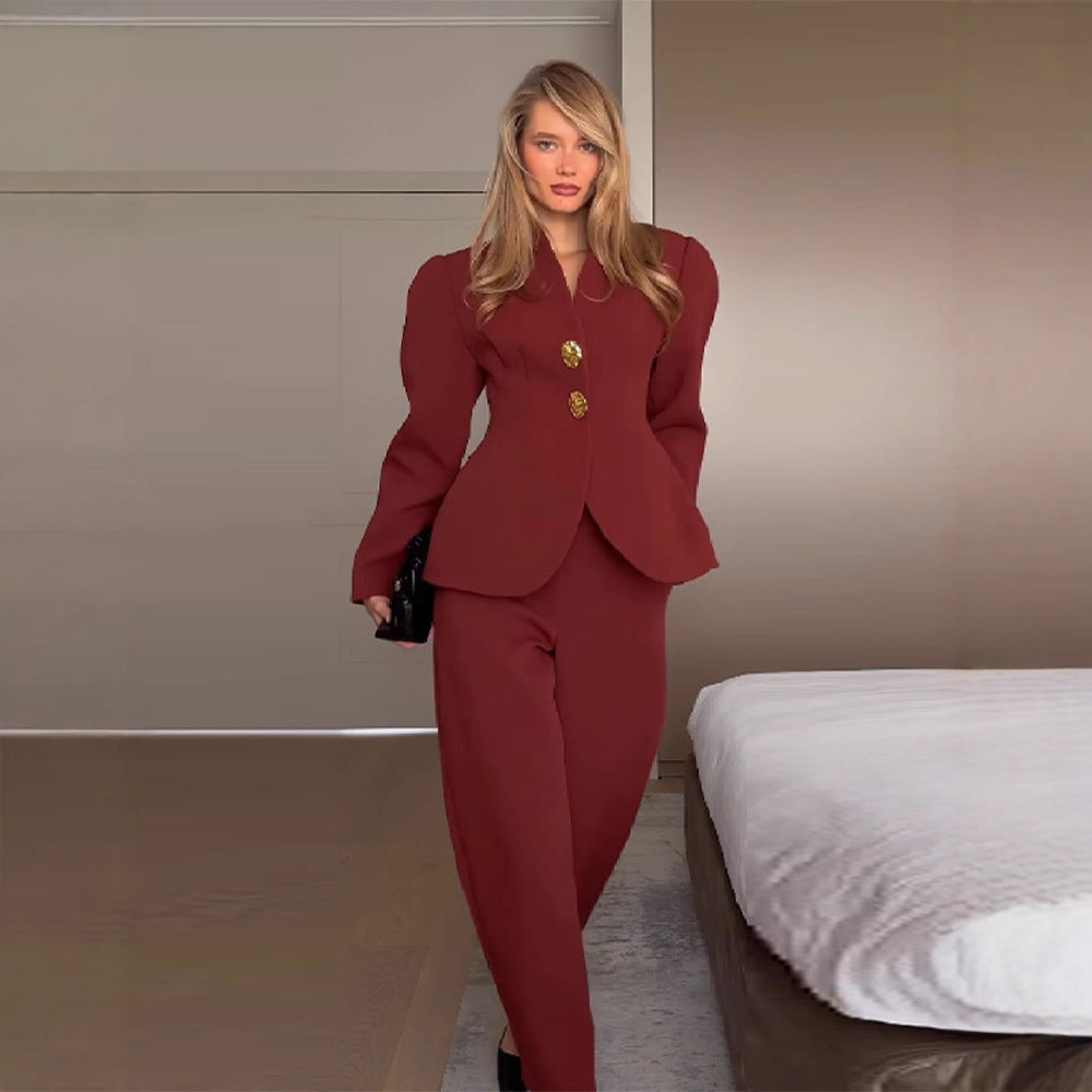 Kvinnor Elegant Blazer och Byxor Set med Guldknappar Mirla-Eva Jonsson