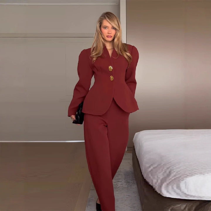 Kvinnor Elegant Blazer och Byxor Set med Guldknappar Mirla-Eva Jonsson
